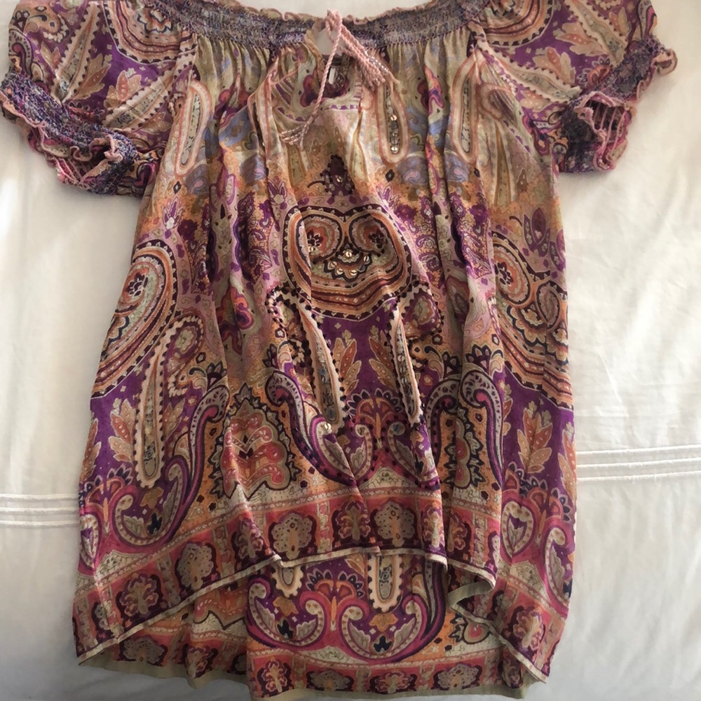 Off the shoulder paisley patterned purple top